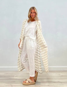 Bella Long Linen Cardigan Natural & White Stripe