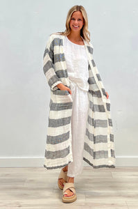 Bella Long Linen Cardigan Black & White Stripe