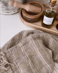 Angaston Handloomed Linen Hand Towel With Frills. White Stripe