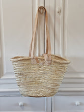 Load image into Gallery viewer, Moroccan Palm Basket with double handle leather Straps.
