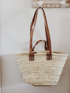 Moroccan Palm Basket with double handle leather Straps.