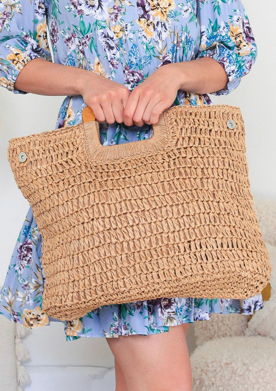 Mia Woven Straw Bag with Block Tan Handle