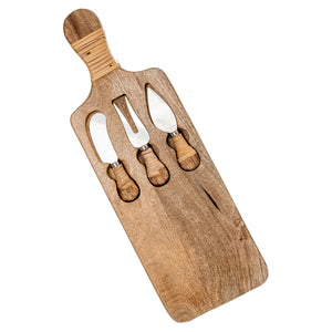 Marley Cheese Board with 3 Knives and Rattan Handle - Natural