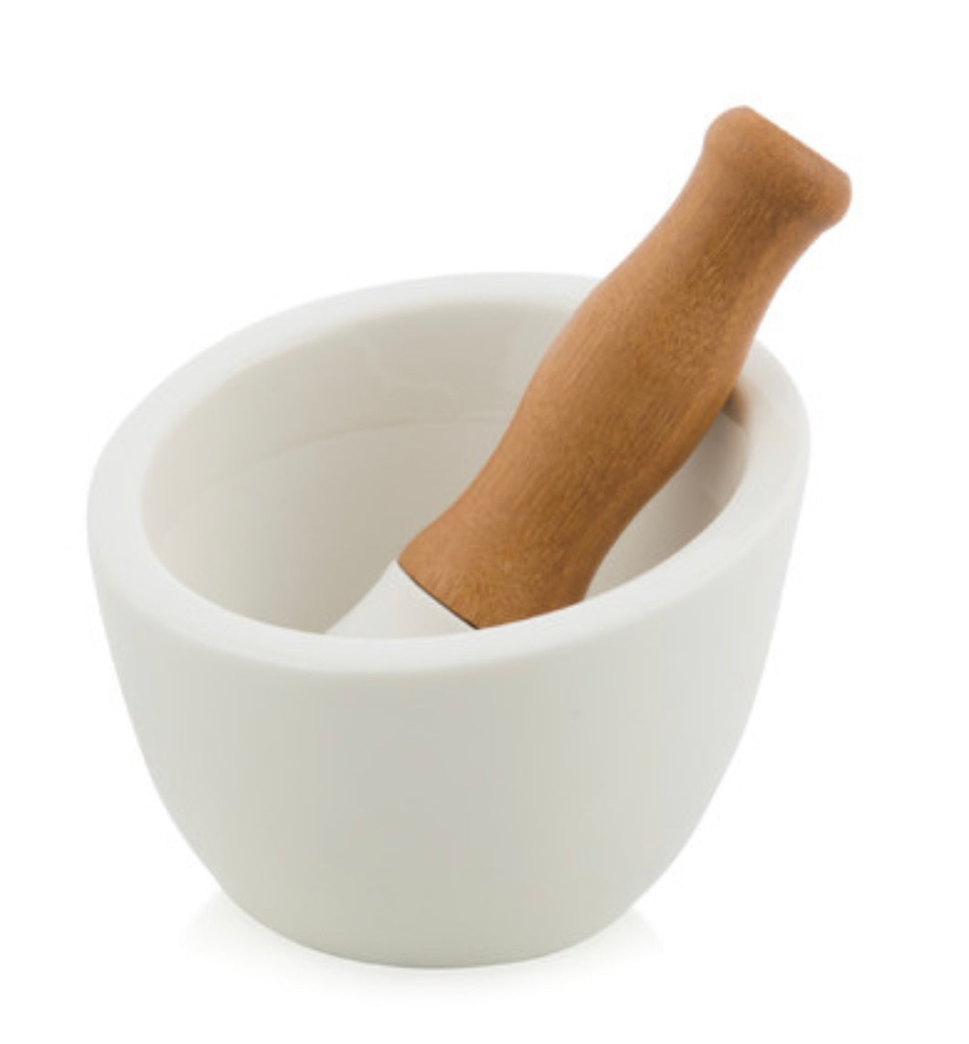 Porcelain Mortar & Pestle Bowl Set with Wooden Bamboo Handle