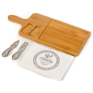 Rectangular Porcelain Cheeseboard on Bamboo Base with 2 Knives - White-Natural