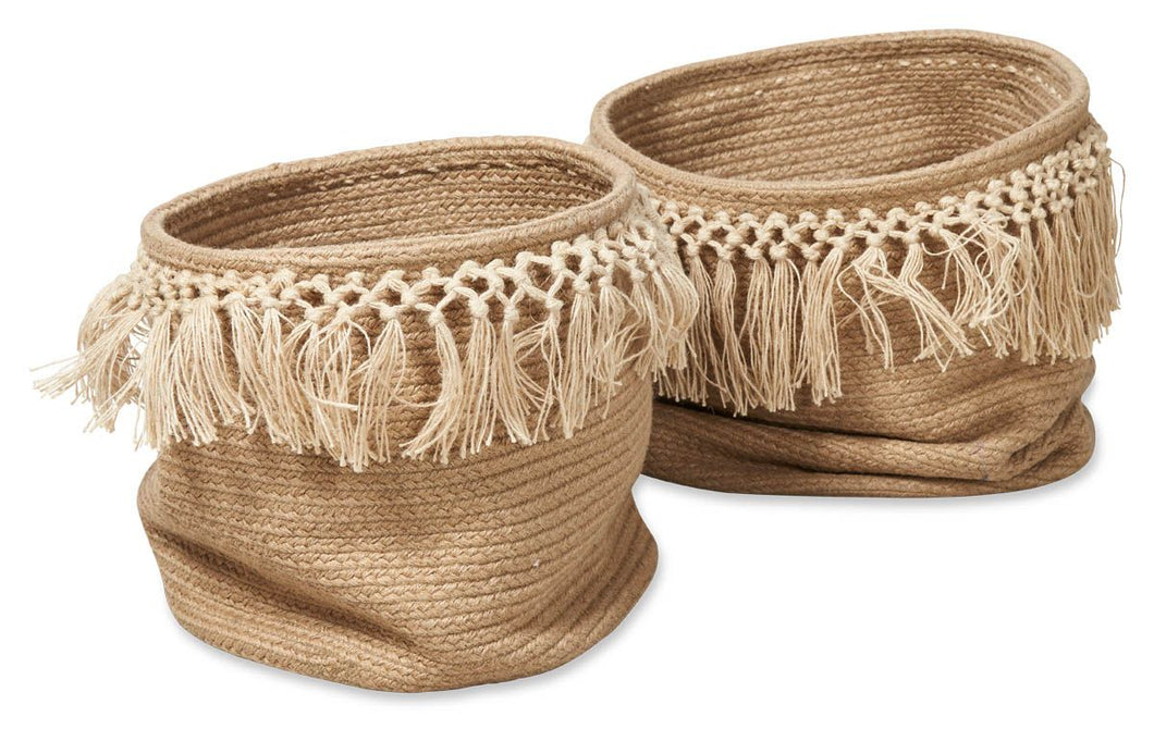 Set of 2 Braided Jute Baskets with Fringes - Natural