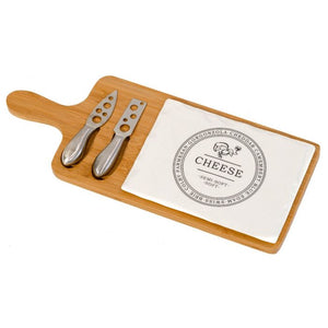 Rectangular Porcelain Cheeseboard on Bamboo Base with 2 Knives - White-Natural